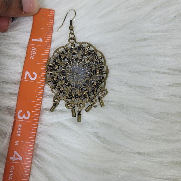 Gold Tone Faux Pearl Rhinestone Statement Tassel Circle Drop Dangle Earrings - Picture 7 of 7